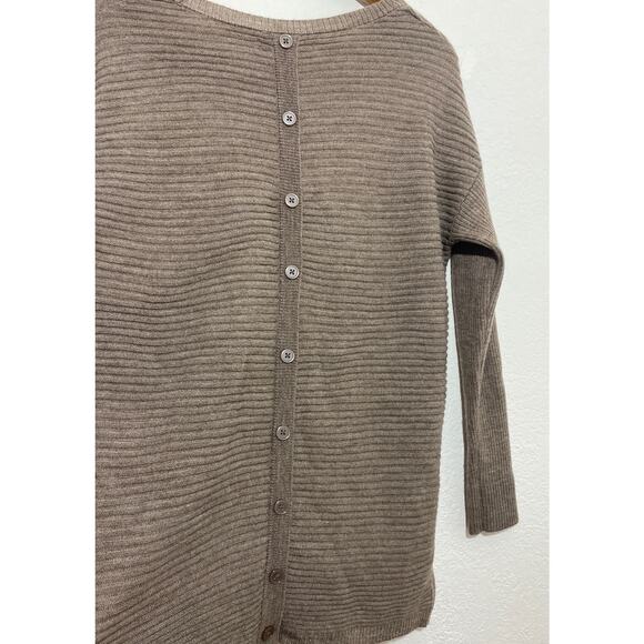 Tahari Large Brown Tunic Stripe Hi-Low Sweater Wool Blend Back Button Minimalist - Picture 5 of 7